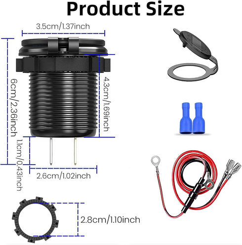 12V USB Outlet, 4 USB Port Aluminum Charger Socket 2 USB C PD & 2 USB QC3.0 with Voltmeter, 12V/24V Car USB Charger Socket for Car Boat Marine Bus...
