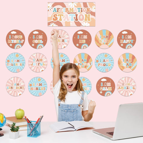 Hippie Affirmation Station Bulletin Board Set Groovy Positive Bulletin Board for Classroom Mirror Growth Mindset Decors Inspirational Motivational...