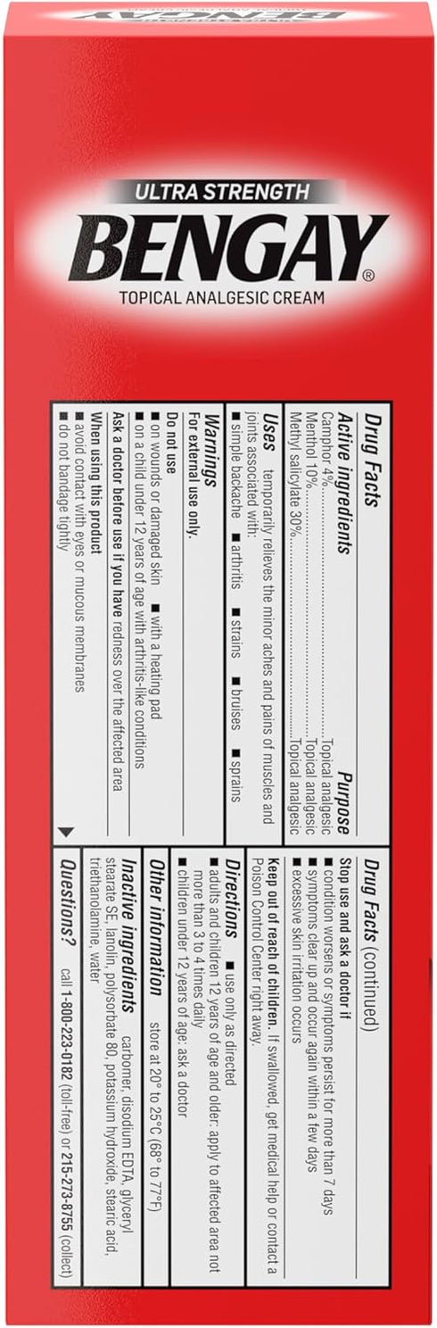 Bengay Ultra Strength Topical Pain Relief Cream, Non-Greasy Topical Analgesic for Minor Arthritis, Muscle, Joint and Back Pain, Camphor, Menthol a...