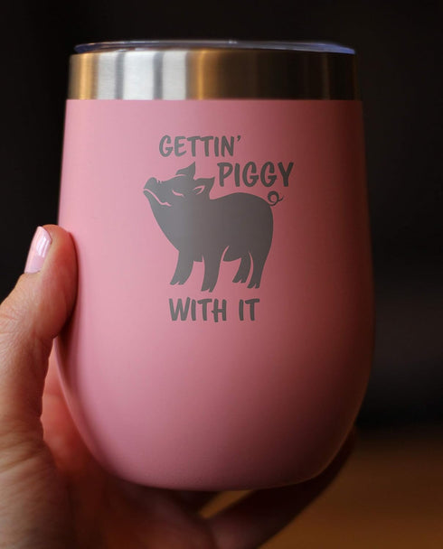 Bevvee Gettin Piggy - Wine Tumbler Glass with Sliding Lid - Stainless Steel Insulated Mug - Cute Pig Decor Gifts - Pink...