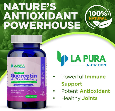 LaPura Advanced Quercetin 1000mg Elderberry 200mg Zinc 30mg Supplement 120 Capsules – Non-GMO 3-in-1 Herbal Blend for Immune Boost and Joint Suppo...