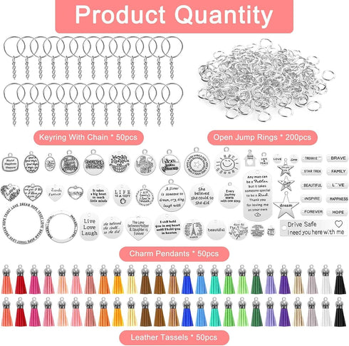 350Pcs Motivational Keychain Accessories Set with 50 Engraved Inspirational Words Charms, 50 Leather Keychain Tassels, 50 Keyring with Chain, 200 ...