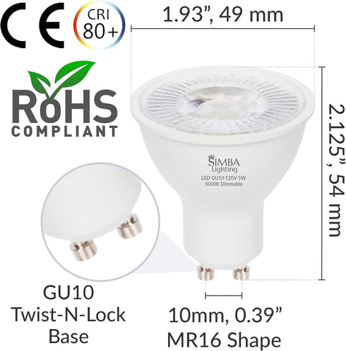 Simba Lighting LED GU10 5W Dimmable Spot Light Bulb (6 Pack) Halogen 50W Replacement MR16 Shape for Accent, Recessed, Track Lighting, 38° Beam Ang...