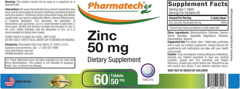 Zinc 50 mg, Immune Support Supplement, Elemental Zinc Chelated Gluconate, Mineral Antioxidant for Man and Woman Health, Acne, Easy to Swallow, 60 ...