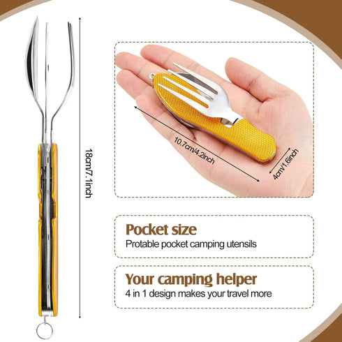 Folding Camping Utensils Cutlery Set 4-in-1 Stainless Steel Spoon Fork Knife Bottle Opener Set Detachable Tableware Pocket Kits Backpacking Cutler...