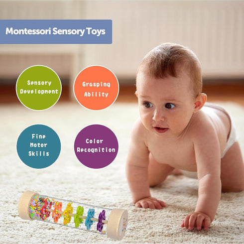 Rain Stick, 7.7” Wooden Rainmaker Montessori Toys for Baby 3-6-12 Months, Baby Rattle Sensory Development Toys, Infant Musical Instruments Toys Ba...