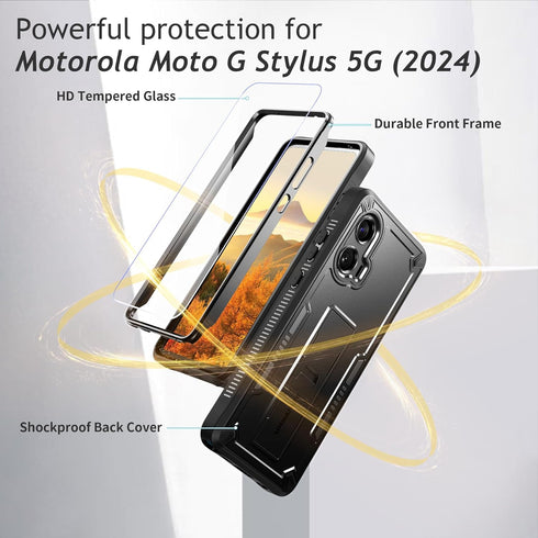 URBANITE for Moto G Stylus 5G (2024) Case, Military Grade Rugged Shockproof Protective Cover with Screen Protector and Kickstand (Black)...