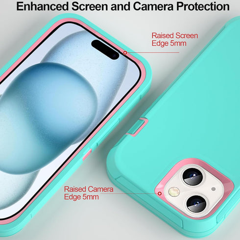 iPhone 15 Case with 2 Pack Screen Protector - Heavy Duty Shockproof Military Grade Drop Protective Full Body Rugged Dust-proof Cover(AquamarinePin...