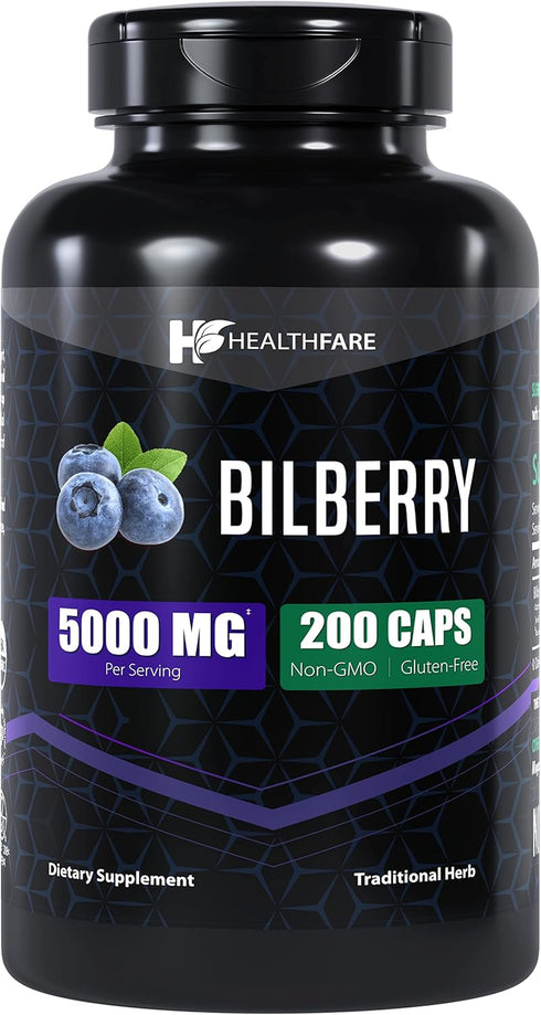 Bilberry Extract Capsules 5000mg | 200 Count | Supports Eye Health | Ultra Strength Supplement | Gluten-Free & Non-GMO...