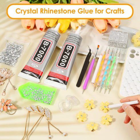 B7000 Glue Clear for Rhinestones, 2Pcs 110mL B-7000 Jewelry Bead Gem Glue with Crystal Rhinestones, Tweezer Dotting Rhinestone Tool for Clothe Fab...