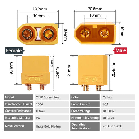 XT90 XT-90 Male and Female Bullet Connectors with 2M 14 AWG Silicone Wire, XT90 Plug Set for RC Lipo Battery Drone Electrical Cabinet LED Lighting...