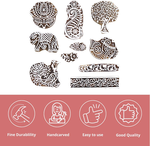 HASHCART Wooden Pottery Stamps for Block Printing - Stamp Set of 10, Made in India Ink Stamps, Wood Blocks for Crafting on Fabric, Blocks, Clay & ...