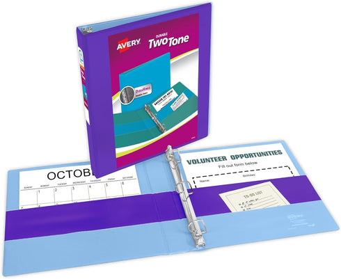 Avery Two-Tone Durable View 3 Ring Binder, 1 Inch Slant Rings, Violet/Soft Blue Binder (17131)...