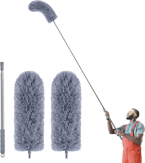 Duster with Extension Pole for Cleaning (2 Microfiber Heads Kit), 100" Long Feather Duster for High Ceilings with Washable Head, Cleaning Supplies...