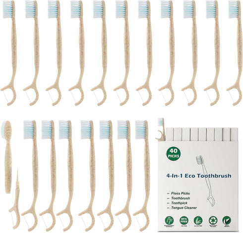 Travel Toothbrush Dental Floss Picks - 4 in 1 Biodegradable Disposable Toothbrushes with Tongue Scraper, Eco-Friendly Individually Wrapped Toothbr...