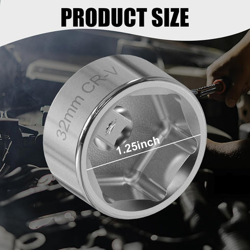 Pack-1 Car 32mm Oil Filter Wrench, 6 Point 3/8" Steel Low Profile Drive Socket Wrench, Oil Filter Labor-saving Disassembly Tool, Compatible with E...