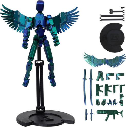 T13 Action Figure with Wings and Holder - 3D Printed Dummy 13 Robot, Multi-Jointed Lucky Action Figure, Desk Executive Toy, 3D Printed Gift - Gree...