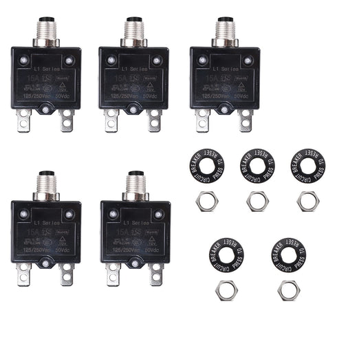 15A 125-250V AC 50V DC Push Button Circuit Breaker L1 Series Manual Reset Thermal Circuit Breaker 15A 5Pack...