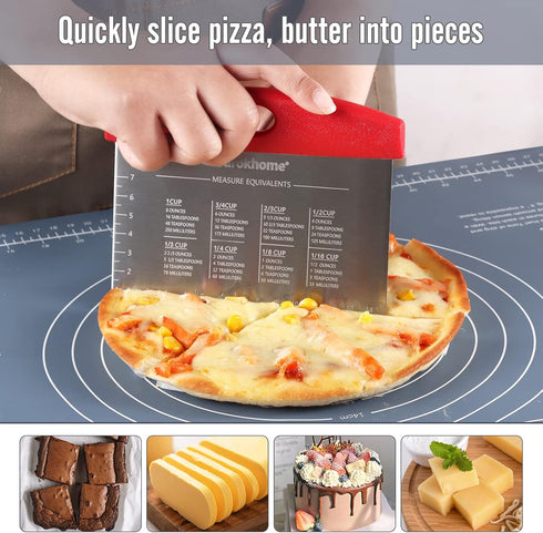 Ourokhome Dough Pastry Bench Cutter Scraper, Stainless Steel Pizza Cutter for Kitchen Baking, Dishwasher Safe, Anti-Wear Laser-Engraved Measuring ...