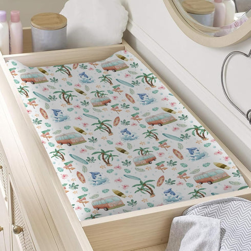 Boho Surfing Summer Beach Changing Pad Covers for Boy Girl 32''x16'' Coconut Tree Surfboard Bus Tropical Floral Leaves Wave Fitted Change Table Pa...