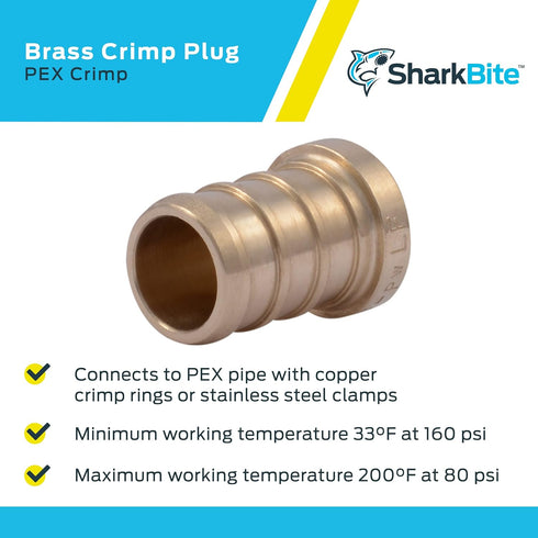 SharkBite 1/2 Inch Crimp Plug, Pack of 5, Brass Plumbing Fitting, PEX Pipe, PE-RT, UC514LFA5...