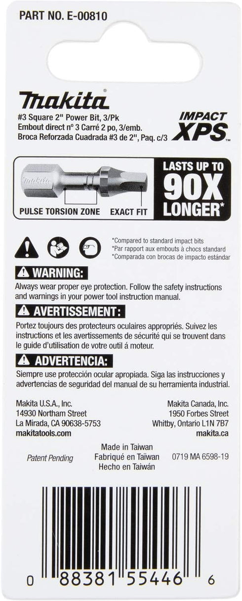 Makita E-00810 Impact XPS™ #3 Square 2" Power Bit, 3/pk...