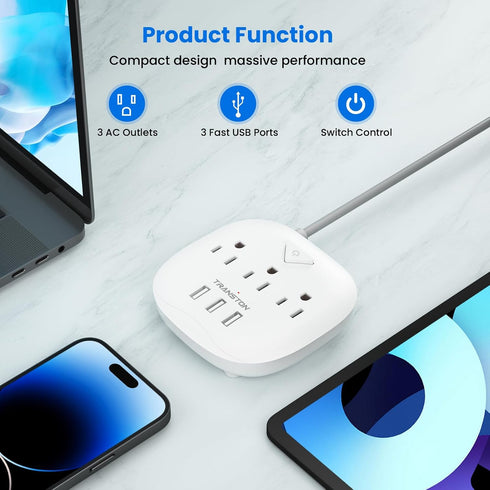 Power Strip 3 Outlets and 3 USB Ports with Switch Control, Desktop Charging Station with 5 ft Extension Cord, Compact for Nightstand, Office and T...