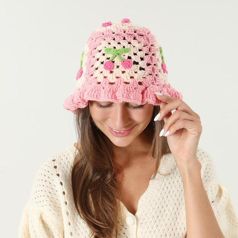 Crochet Bucket Hat for Women Handmade Floral Hat Portable Knitted Elastic Cute Beach Hat for Vacation Traveling...