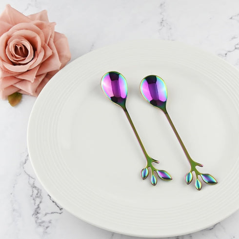 5 Pcs Rainbow Leaf Coffee Spoons, 4.7 inch Stainless Steel Ice-Cream Tea Sugar Spoons, Espresso Stirring Spoons for Mixing, Cold Drink, Dessert, P...