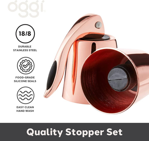OGGI Bottle Stopper Set of 2 - Copper Plated Wine Topper Set - Stylish Wine Saver Stoppers with Airtight Wine Sealer Levers, Copper Plated...
