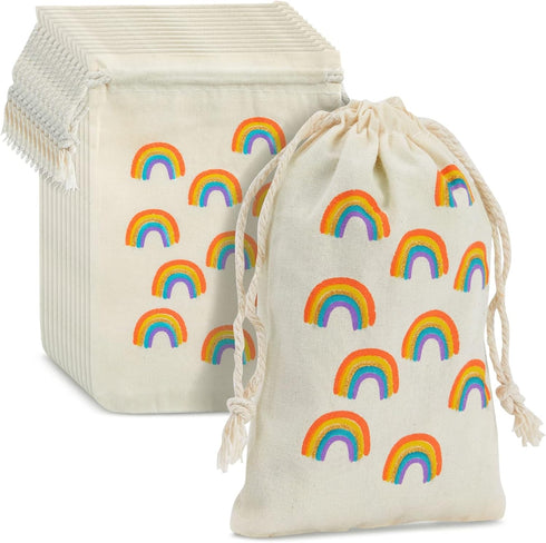 12-Pack Rainbow Party Favor Bags, Mini Canvas Drawstring & Treat Pouches, Supplies for Kids Birthdays, Unicorn Celebrations, and Gold-Glitter Rain...