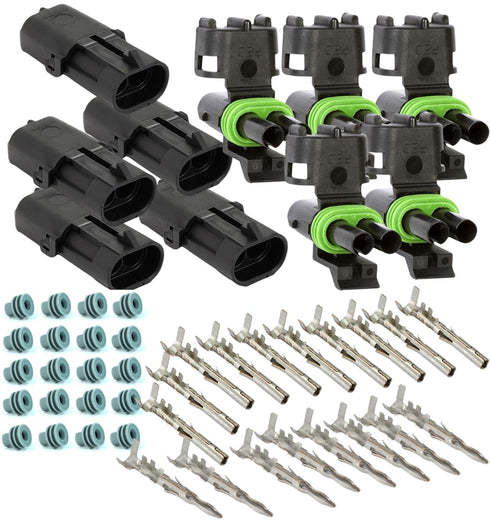 5-Pack (2-PIN) 20 Amps Weather-Pack Waterproof Male Female 2-Conductor Connector, Pin Socket Seal Kit 14-16 AWG...