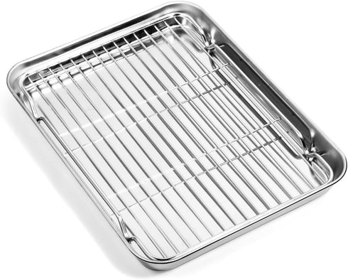 Baking Sheet with Cooling Rack (1 Cookie Sheet + 1 Baking Rack), Stainless Steel Small Baking Sheet Pan with Wire Rack, Toaster Oven Pans Size 10....