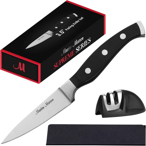 Master Maison 3.5" Professional German Stainless Steel Paring Knife Set w/Dual Sharpener & Edge Guard - Peeling Chef Kitchen Set - Kitchen Pairing...