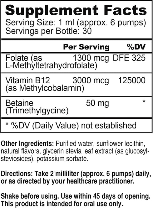 Core Med Science Liposomal B12 Folate TMG Liquid Spray Supplement for Women & Men - Supports Mood, Cognitive, & Heart Health - Vitamin B9 & Betain...