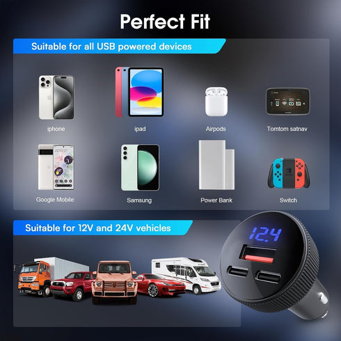 USB C Car Charger, GemCoo 108W Cigarette Lighter USB Charger LED Indicator Type C Charger Dual PD45W & QC3.0 Super Fast Charging, Compatible with ...