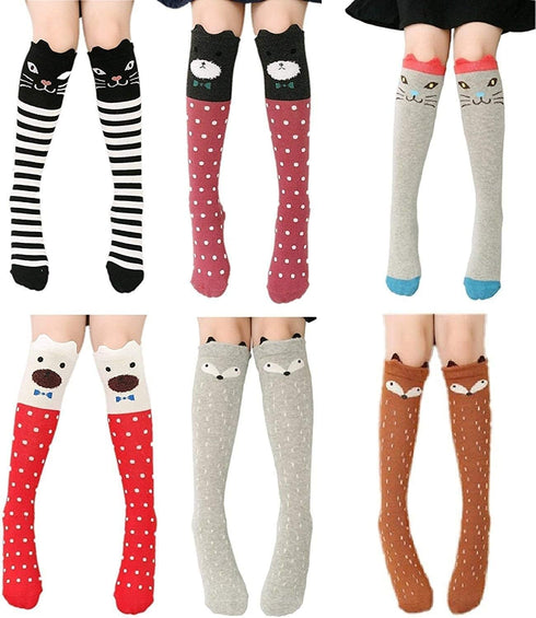 Girls Cotton Knee High Socks Cartoon Animal Cat Bear Fox Over Knee Socks for Kids 3-12 years, 6 Pairs-6 Color...