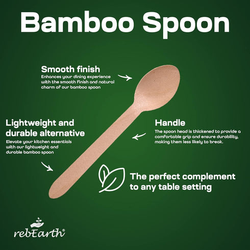 100 Count All Natural Eco-Friendly Bamboo Heavyweight Spoons 6" - Durable, Heat Resistant and Comfortable to Hold - The Perfect Alternative to Pla...
