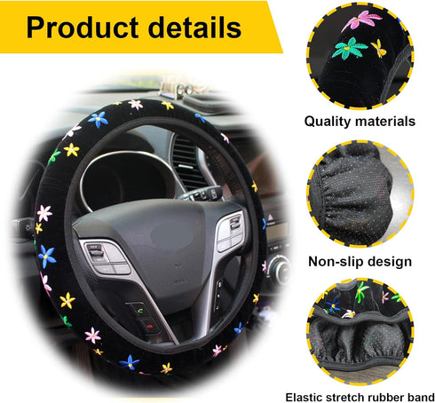 Cute Flower Floral Steering Wheel Cover, Embroidery Cute Flower Car Accessories Set with 2 Air Vent Clip Flowers, Universal Auto Interior Decor fo...