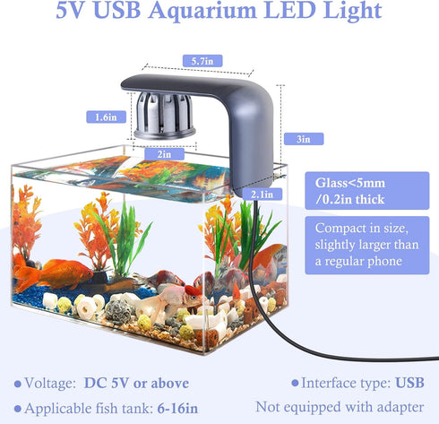 HITOP Small Clip On Aquarium LED Light with Timer- 5.7in Adjustable Three Colors Fish Tank Light, USB 5V Aquarium Lamp for Desktop Tank/Beta Tank/...