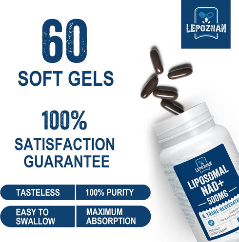 Liposomal NAD+ 500 mg + Trans-Resveratrol 300 mg, Superior Absorption True NAD Supplement Efficient for Cellular Energy Metabolism & DNA Repair, 6...