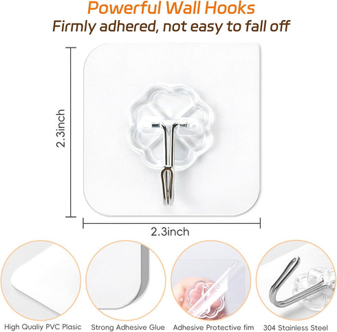 Mlici 24 Pack Clear Self-Adhesive Wall Hooks, 30lbs Heavy-Duty Sticky Hooks for Kitchen Bathroom, Without Nails Reusable Utility Hooks for Hanging...