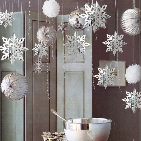 OuMuaMua Winter Christmas Hanging Decorations, 12PCS 3D Large Silver Snowflakes & 12PCS White Paper Snowflakes Hanging Garland for Christmas Winte...