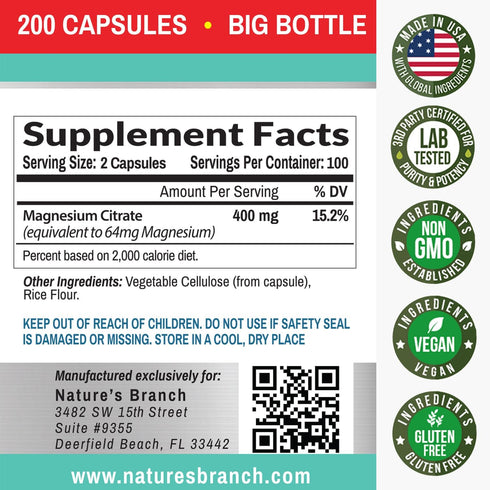 Magnesium Citrate 400mg - 200 Capsules - High Potency for Sleep, Leg Cramps, Extra Strength Absorption, Easy to Swallow Pills for Women & Men, Veg...