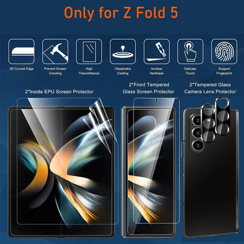 2X Tempered Glass Front Screen Protector Compatible with Samsung Galaxy Z Fold 5+ 2X Inner Soft TPU Film Shields+ 2X Camera Lens Protector [Scratc...