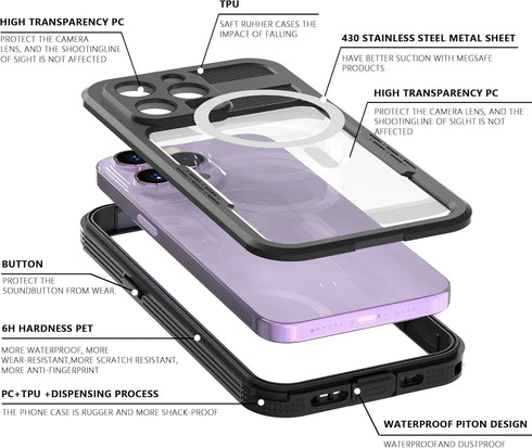 for iPhone 15 Pro Max Waterproof Case,Compatible with Magsafe,Hybrid Rugged Shockproof Full Body Protective,with Lanyard,Clear Lens/Screen Protect...