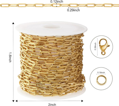 Kyutong 5M Gold Plated Necklace Chain for Jewelry Making 304 Stainless Steel Paperclip Chain Roll with Lobster Clasps and Jump Rings for Men Women...