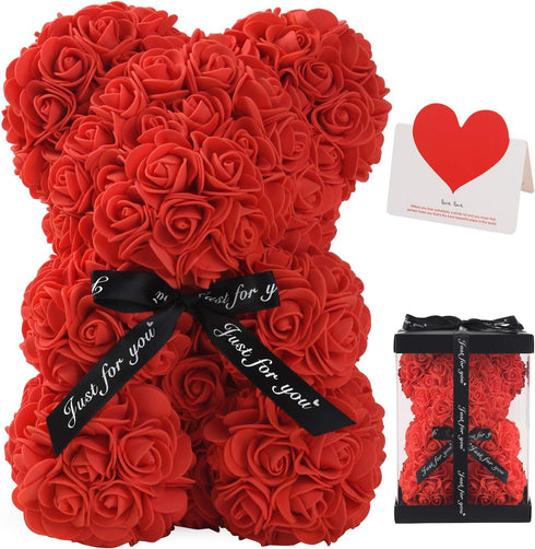 LINKLO Rose Bear Rose Teddy Bear -10 inch Artificial Rose Flower Bear, Gift for Wedding, Mothers Day and Anniversary, Including Transparent Gift B...