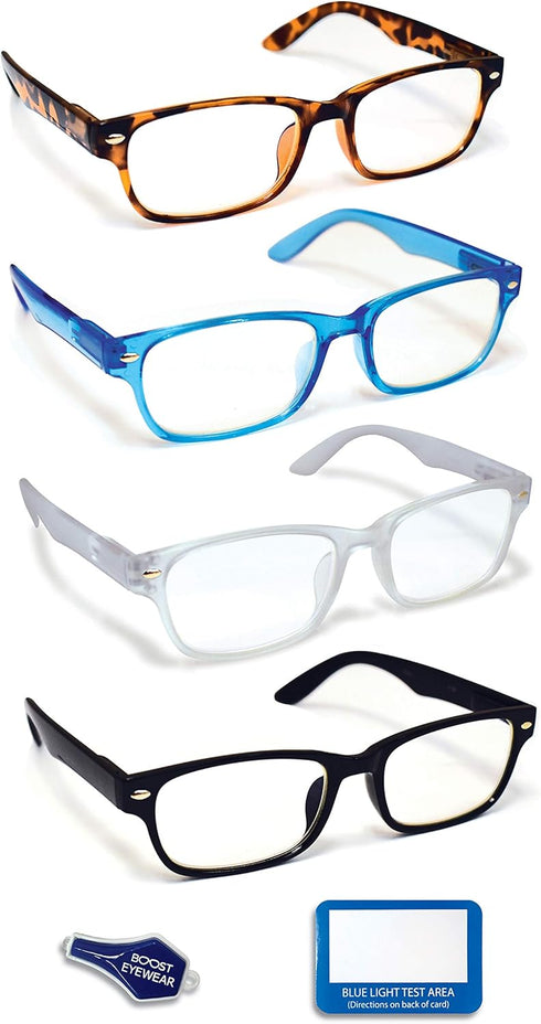 Boost Eyewear Blue Light Blocking Reading Glasses, 4 Pack, Assorted Colors...