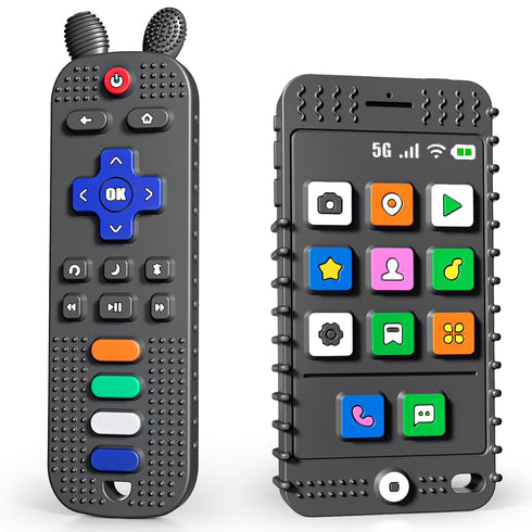 FFTROC TV Remote Control Shape Baby Teething Toys and Phone Shape Teether Toys for Babies 6-12 Months, Sensory Teether Chew Toys for Boys Girls Ba...